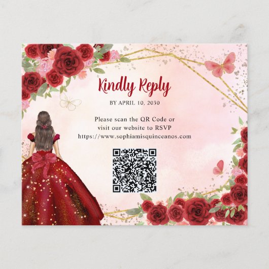 Budget Bourgogne Rood Goud Bloemen Prinses QR RSVP (Voorkant)