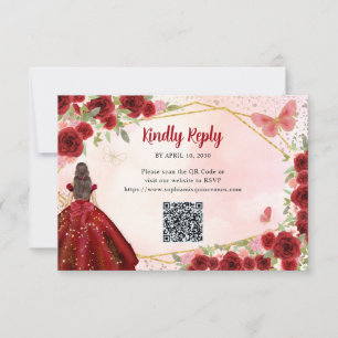 Budget Bourgogne Rood Goud Bloemen Prinses QR RSVP Notitiekaartje