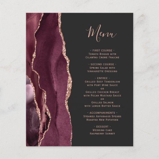 Budget Bourgogne Roos Gold Agate Dark Wedding Menu (Voorkant)