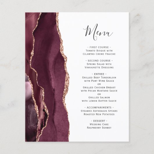 Budget Bourgogne Roos Gold Agate Wedding Menu (Voorkant)