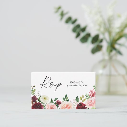 Budget Bourgogne & Roze 4 Floral 2SM Meal RSVP Informatiekaartje (Staand voorkant)