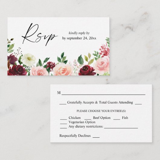 Budget Bourgogne & Roze 4 Floral 2SM Meal RSVP Informatiekaartje (Voorkant / Achterkant)