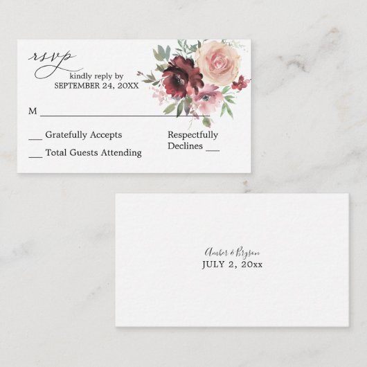 Budget Bourgogne & Roze 5 Floral 2SM No Meal RSVP Informatiekaartje (Voorkant / Achterkant)