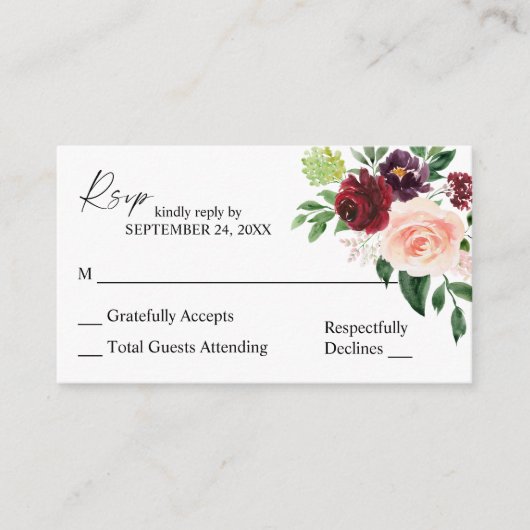 Budget Bourgogne & Roze Floral 4 2SM No Meal RSVP Informatiekaartje (Voorkant)