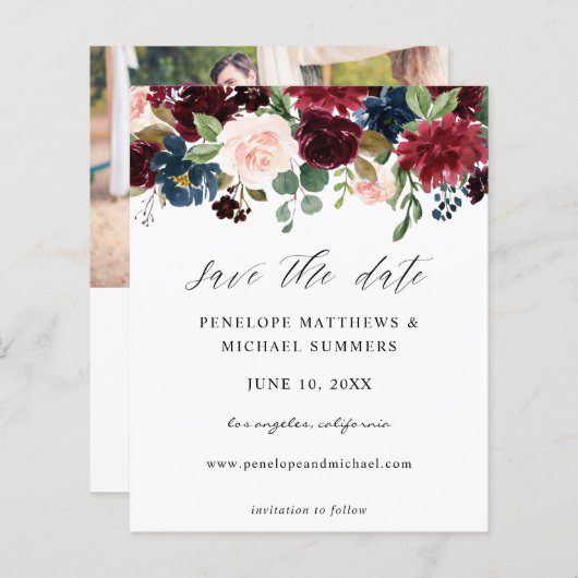 Budget Bourgogne & Roze Floral sparen de Datum Fot (Voorkant / Achterkant)