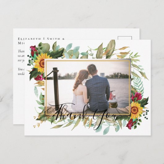 Budget Bourgogne Rozen Zonnebloemen Dank u wel PHO Briefkaart (Voorkant / Achterkant)