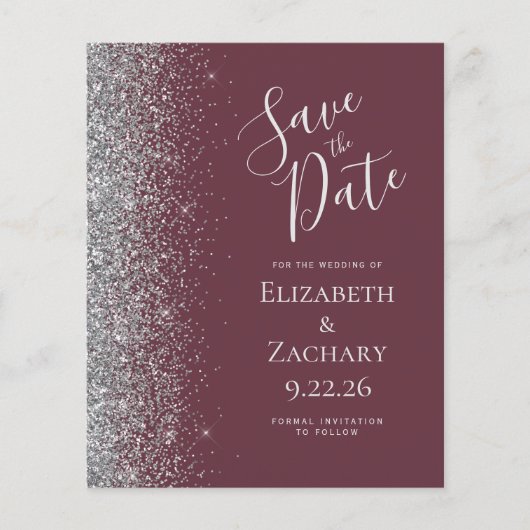 Budget Bourgogne Silver Glitter Edge Save the Date (Voorkant)