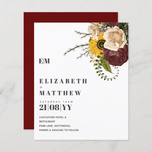 Budget Bourgogne Sunflower Floral Wedding Invites (Voorkant / Achterkant)