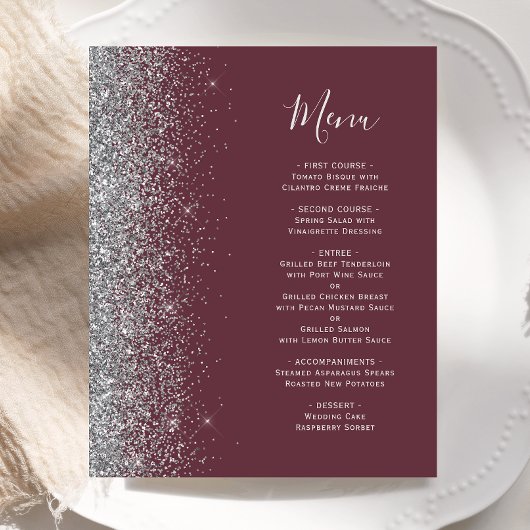 Budget Bourgogne Zilver Glitter Edge Bruiloft Menu