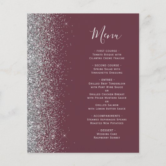 Budget Bourgogne Zilver Glitter Edge Bruiloft Menu (Voorkant)