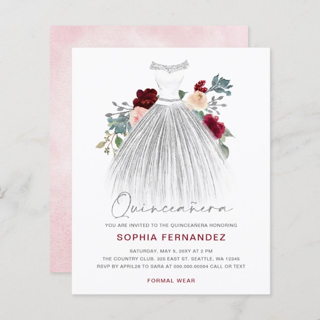 Budget Bourgogne Zilveren Glitter Jurk Quinceañera (Voorkant / Achterkant)