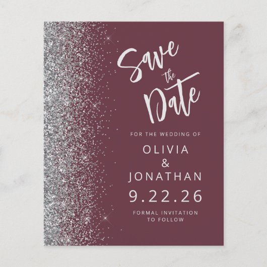 Budget Bourgogne Zilveren Glitter Save the Date (Voorkant)