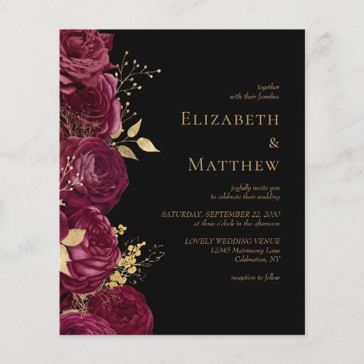 Budget Bourgogne Zwart Bloemen Huwelijksuitnodigin (Voorkant)