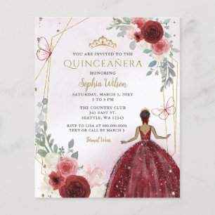 Budget Bourgondi Tan Princess Quinceañera Uitnodig