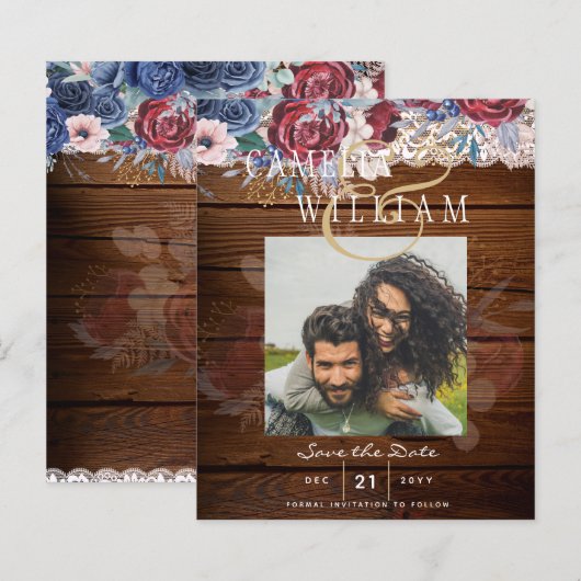 Budget Bourgondië Blauw Bloemend Kant Bruiloft DAT (Voorkant / Achterkant)