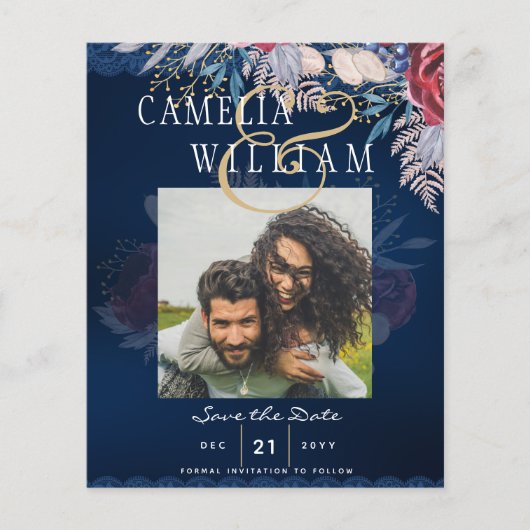 Budget Bourgondië Blauw Bloemend Kant Bruiloft DAT Flyer (Voorkant)