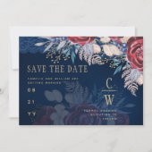 Budget Bourgondië Blauw Bloemendessin Kant Bruilof Save The Date (Voorkant)