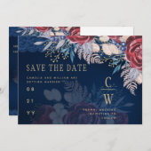 Budget Bourgondië Blauw Bloemendessin Kant Bruilof Save The Date (Voorkant / Achterkant)