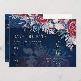Budget Bourgondië Blauw Bloemendessin Kant Bruilof Save The Date