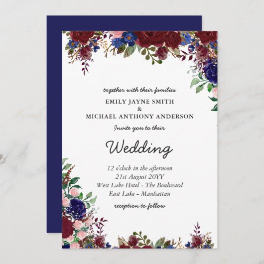 Budget Bourgondië Blauwe Bloem Bruilofts Uitnodigi Kaart (Voorkant / Achterkant)