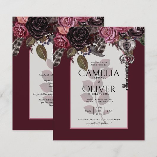 Budget Bourgondië Blush Bloemen Bruiloft Uitnodigi (Voorkant / Achterkant)