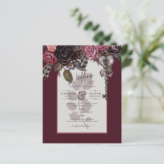 Budget Bourgondië Blush Bloemen Bruiloft Uitnodigi (Staand voorkant)