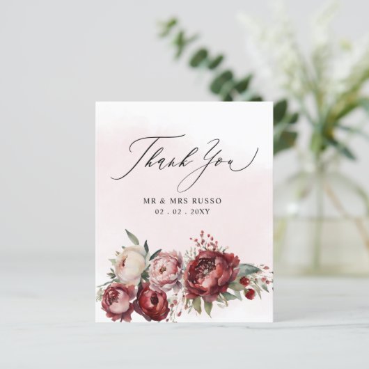 Budget Bourgondië Blush Bloemen Dank u kaart (Staand voorkant)