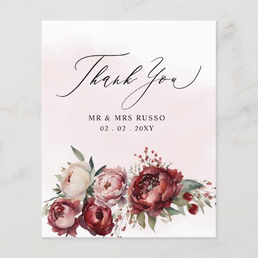 Budget Bourgondië Blush Bloemen Dank u kaart (Voorkant)