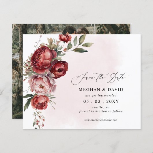 Budget Bourgondië Blush Bloemen Foto Save the Date (Voorkant / Achterkant)