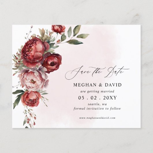 Budget Bourgondië Blush Bloemen Foto Save the Date (Voorkant)