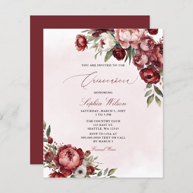 Budget Bourgondië Blush Bloemen Quinceañera Invite (Voorkant / Achterkant)