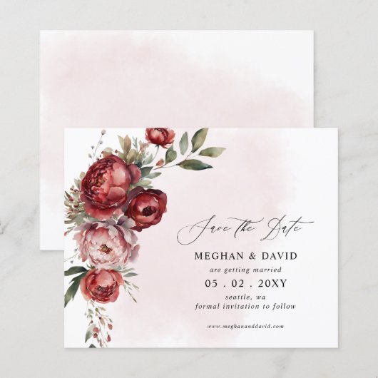 Budget Bourgondië Blush Bloemen Save the Date (Voorkant / Achterkant)