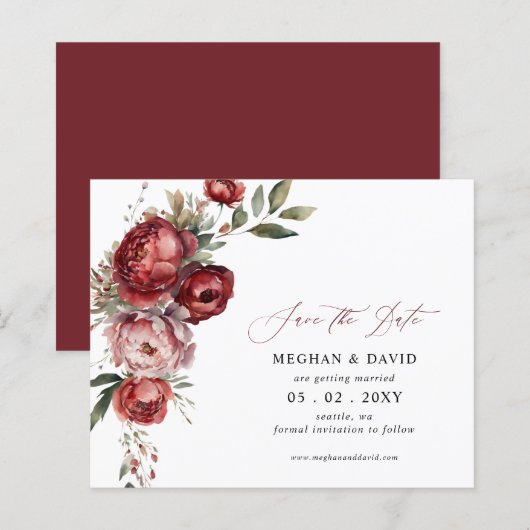 Budget Bourgondië Blush Bloemen Save the Date (Voorkant / Achterkant)