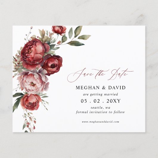 Budget Bourgondië Blush Bloemen Save the Date (Voorkant)