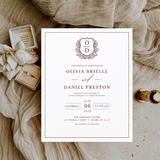 Budget Bourgondië Elegante Crest Huwelijksuitnodig