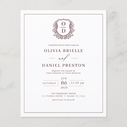 Budget Bourgondië Elegante Crest Huwelijksuitnodig Flyer (Voorkant)