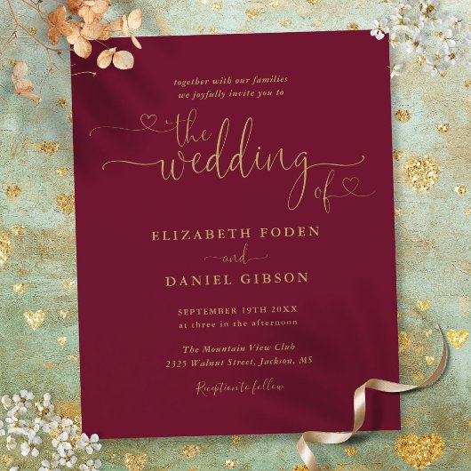 Budget Bourgondië Gouden Harten Bruiloftsinvitatie