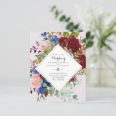 BUDGET Bourgondië Marine Bloemen Bruiloft Uitnodig (Staand voorkant)