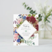 BUDGET Bourgondië Marine Bloemen Bruiloft Uitnodig (Staand voorkant)