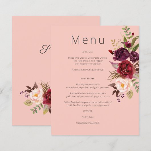 Budget Bourgondië Marsala & Roze Bloemig Menu- Roz (Voorkant / Achterkant)