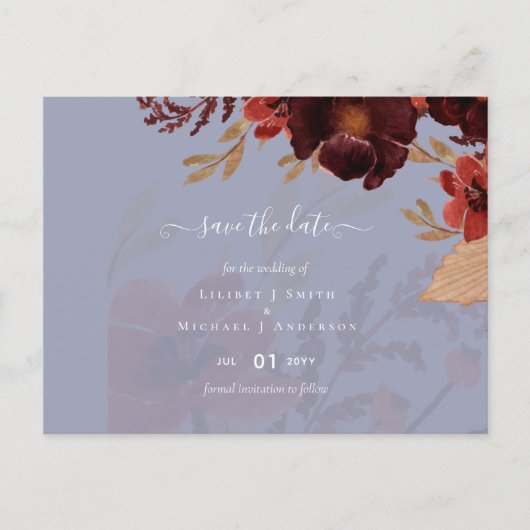 Budget Bourgondië Oranje Herfst Bloemige Bruiloft Briefkaart (Voorkant)