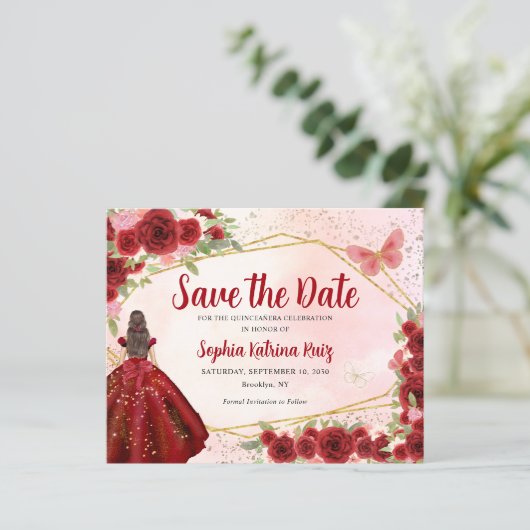 Budget Bourgondië Prinses Quinceañera Save the Dat (Staand voorkant)