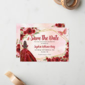 Budget Bourgondië Prinses Quinceañera Save the Dat Notitiekaartje (Voorkant / Achterkant in situ)