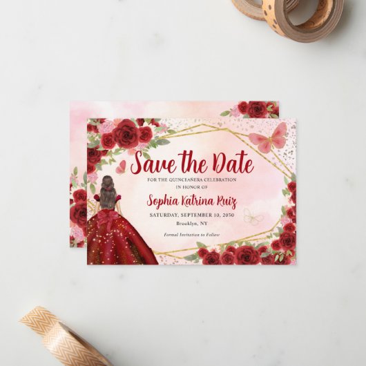 Budget Bourgondië Prinses Quinceañera Save the Dat Notitiekaartje (Voorkant / Achterkant in situ)