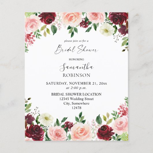 Budget Bourgondië & Roze 4 Bruiloftsbloemen 2 Flyer (Voorkant)