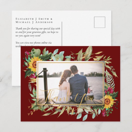 Budget Bourgondië Rozen Zonnebloemen Bedankt FOTO  Briefkaart (Voorkant / Achterkant)