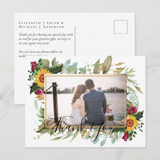 Budget Bourgondië Rozen Zonnebloemen Bedankt FOTO  Briefkaart (Voorkant / Achterkant)