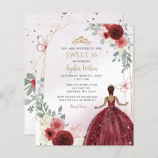 Budget Bourgondië Tan Prinses Sweet 16 Invite (Voorkant / Achterkant)