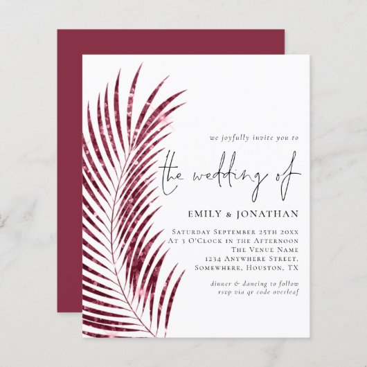 Budget Bourgundy Glitter Leaf QR Wedding Invite (Voorkant / Achterkant)