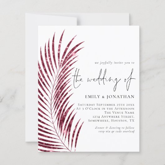 Budget Bourgundy Glitter Leaf QR Wedding Invite (Voorkant)